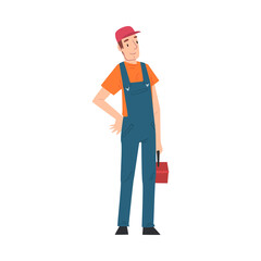 Poster - Male Electrician Engineer with Toolbox, Professional Worker Character in Uniform Repairing Electrical Equipment Cartoon Style Vector Illustration