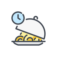 Poster - cooking time color line icon. plate with food and clock vector outline colorful sign.