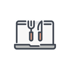 Poster - order food online color line icon. laptop with fork and knife vector outline colorful sign.