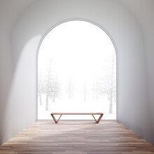 Mininal Style Empty Arch Shape Room 3d Render,There Are White Wall,wooden Floor Decorate With Wood Bench,There Are Large Window Look Out To See Winter View.