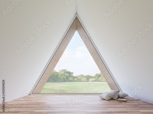 Cuadros en Lienzo Mininal style empty triangle room interior with nature view 3d render,There are white wall,wooden floor decorate with with pillow,There are large window look out to see gardenview