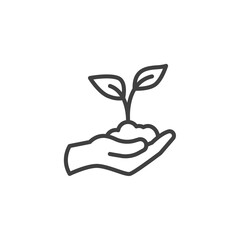 Hand holding plant with leaves line icon. linear style sign for mobile concept and web design. Hand with sprout outline vector icon. Symbol, logo illustration. Vector graphics