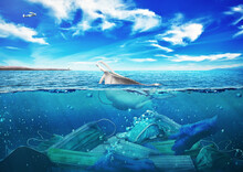 The Sea Full Of Medical Masks On The Background Of Nature. Save The Health.