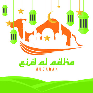 Happy Eid Al-Adha consists of a mosque shadow, camel, moon star hangers and green lanterns