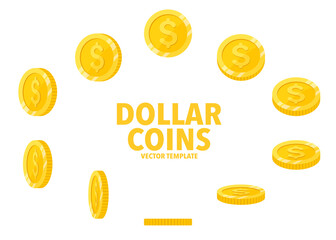 Dollar sign golden coins isolated on white background. Set of flat icon design of coin with symbol at different angles.