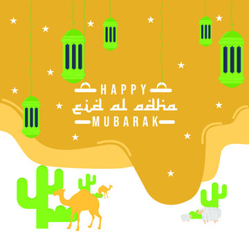 Happy Eid Al-Adha consists of camels, kaltus trees, and green lanterns
