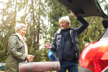 Wall Mural - low angle portrait of modern senior couple opening trunk of car and smiling happily while going on h