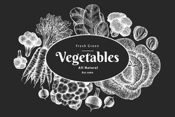 Hand drawn sketch vegetables design. Organic fresh food vector banner template. Vintage vegetable background. Engraved style botanical illustrations on chalk board.