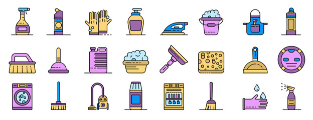 Sticker - Cleaner equipment icons set. Outline set of cleaner equipment vector icons thin line color flat on white