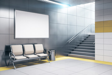 Wall Mural - Chairs for waiting in modern metro station with blank banner.