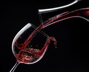 Red wine is poured into a wine glass on a black background.