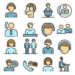 Poster - Call center employees icons set. Outline set of call center employees vector icons thin line color flat on white