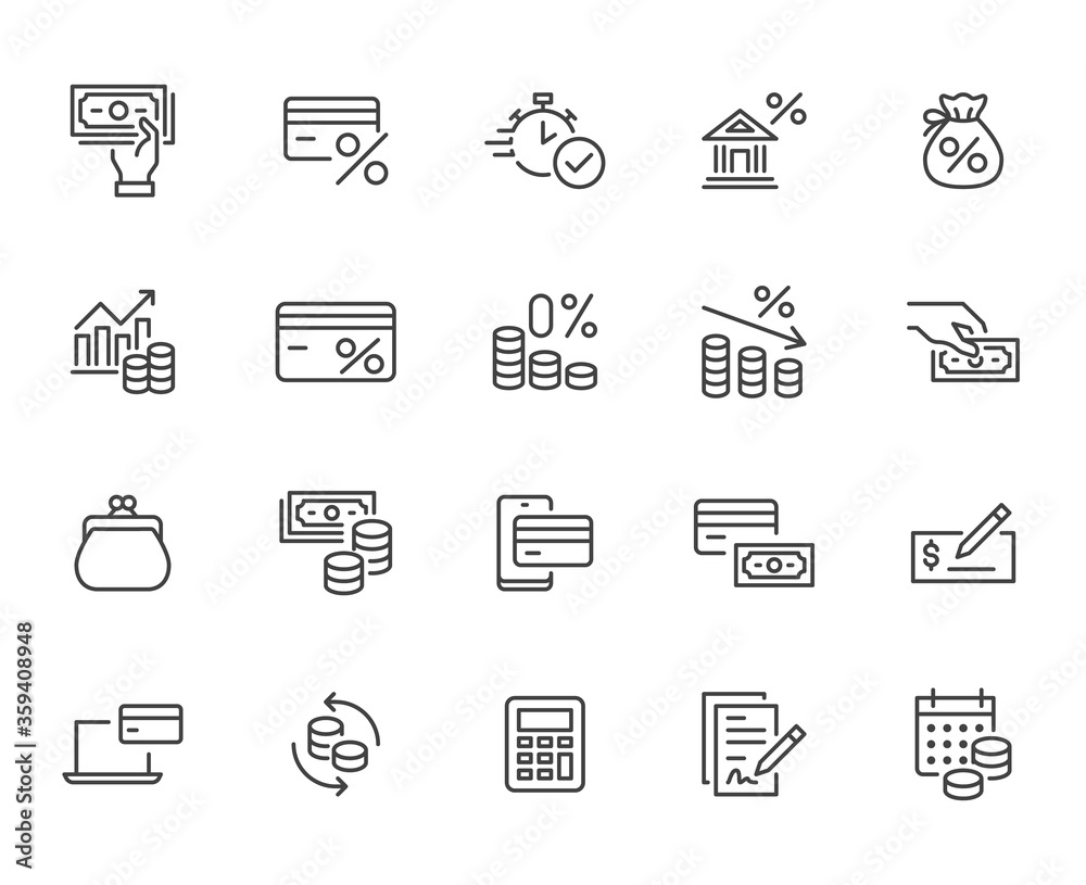 Money loan line icon set. Credit score, low interest, discount card, mortgage percent, tax minimal vector illustration. Simple outline signs for bank application. Pixel Perfect, Editable Strokes - obrazy, fototapety, plakaty 