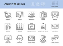 Online Training Vector Icons. Set With Editable Stroke. Workshop Practice Guide Instruction. Calendar Schedule Education Seminar Presentation Test Communication Webinar Course Audio Book