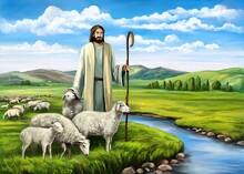 Son Of God, The Lord Is My Shepherd, Jesus Christ With A Flock Of Sheep, Symbol Of Christianity Hand Drawn Art Illustration Painted With Watercolors