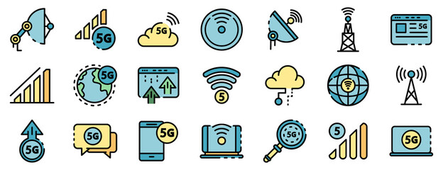 Sticker - 5G technology icons set. Outline set of 5G technology vector icons thin line color flat on white