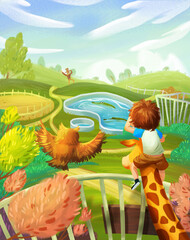 A little Boy with Giraffe and Owl with Zoo. Fantasy Backdrop. Concept Art. Realistic Illustration. Video Game Digital CG Artwork Background. Nature Scenery.
