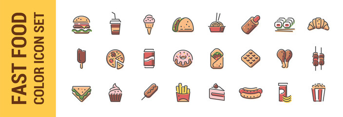 Fast food line color icon set. Burger, sandwich, pizza, hot dog, cola, coffee, sweets