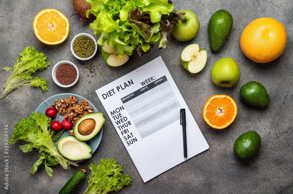 Sheet of healthy diet meal week plan and organic food products on the ...
