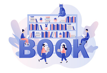 Book library online. Literature fans, E-book, media library, learning online. Tiny people reading books. Big text BOOK. Modern flat cartoon style. Vector illustration on white background