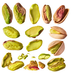 Wall Mural - A set with Fresh raw Pistachios isolated on white background.