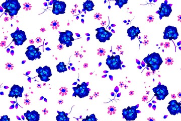 Canvas Print - blue flowers seamless pattern on white background