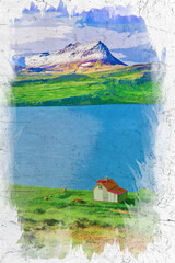 Sticker - Small cottage by the fjord in Iceland, watercolor painting