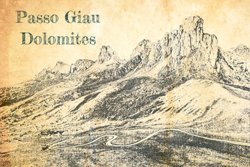 Wall Mural - Passo Giau at night, Dolomites, sketch on old paper