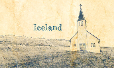 Wall Mural - Small church in Iceland mountain, sketch on old paper