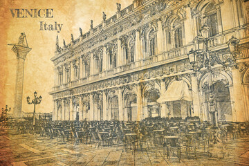 Sticker - Restaurant on St. Mark's Square, Venice, sketch on old paper