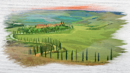 Watercolor of winding road with cypresses in Tuscany