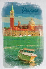 Sticker - Motorboat on the Grand Canal, Venice, watercolor painting