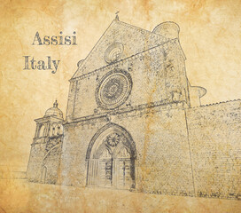 Wall Mural - Basilica of Saint Francis, Assisi, Italy, sketch on old paper