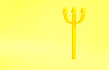 Wall Mural - Yellow Neptune Trident icon isolated on yellow background. Minimalism concept. 3d illustration 3D render.