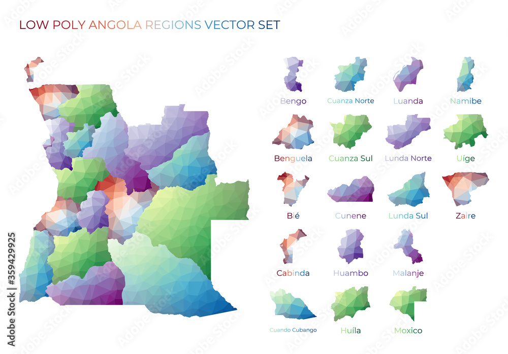 Angolan low poly regions. Polygonal map of Angola with regions ...