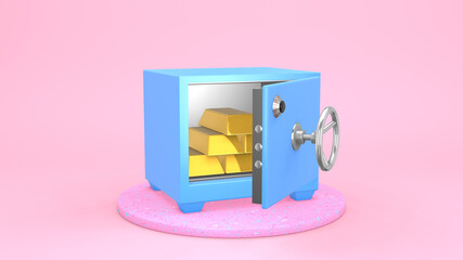 Poster - 3d rendering a blue safe on a pink platform, a door opens, it is filled with gold bars. Bank, business, financial institution, digital marketing advertising motion animation