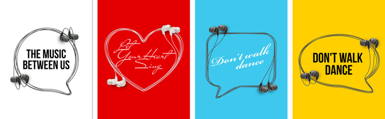 Wall Mural - Innovative music quotation template speech bubble set in headphones quotes isolated on backdrop. Creative banner illustration set with quote frame wire with quotes headset modern design cloud remark