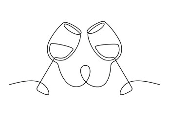 Wall Mural - Two glasses of wine continuous one line drawing. Minimalist line art of cheering glasses of wine for logo. Vector illustration