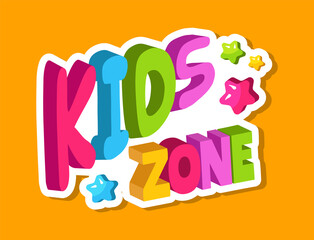 Poster - Playroom logo. Kids zone 3d lettering, banner for baby playing area with colorful letters and stars vector illustration. Preschool kindergarten room, banner signboard