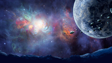 Wall Mural - Space background. Planet with asteroid and mountain land silhouette in colorful nebula. Elements furnished by NASA. 3D rendering