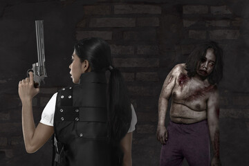 Sticker - Asian woman in police vest with a gun on her hand ready to attack zombies