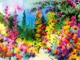 Fototapeta Młodzieżowe - Watercolor colorful bright textured abstract background handmade . Mediterranean landscape . Painting of  vegetation of the sea coast , idyll garden , made in the technique of watercolors from nature