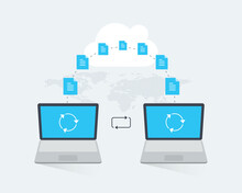 File Transfer Infographic Template With Two Laptops And Transferred Documents Through The Cloud Service. Modern Flat Illustration.