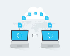 file transfer infographic template with two laptops and transferred documents through the cloud serv