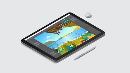 Poster - graphic tablet with beautiful landscape wallpaper on screen realistic mockup gadgets and devices concept horizontal vector illustration