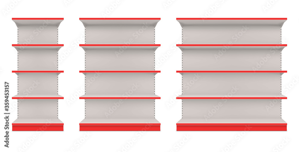 Store shelves with red front edge realistic mock ups set. Retail ...