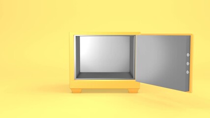 Poster - 3d rendering yellow, the golden empty safe rotates, opens, the door closes. Motion animation of advertising bank, business, financial organization, digital marketing. Funny design, cartoon style joke.