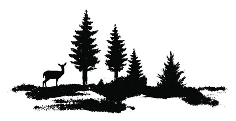 Wall Mural - Vector composition Forest silhouette landscape. Black and white isolated elements Element for design. Young deer at the edge