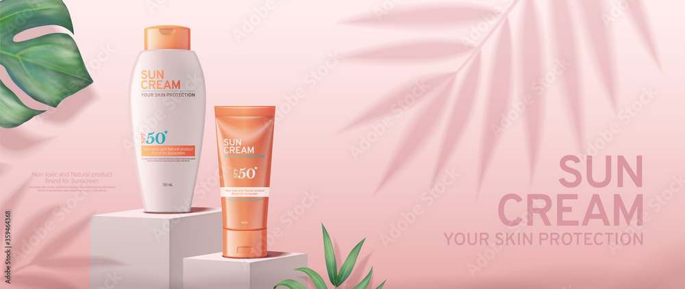 Sunscreen cream banner ads on square stage with tropical leaves - obrazy, fototapety, plakaty 