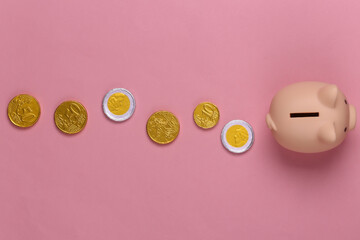 Wall Mural - Piggy bank with coins on pink pastel background. Top view